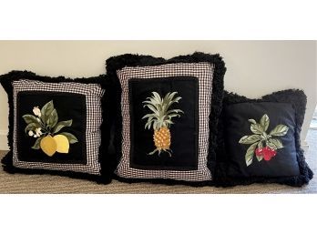 Set Of 3 Embroidered Fruit Pillows With Fringe
