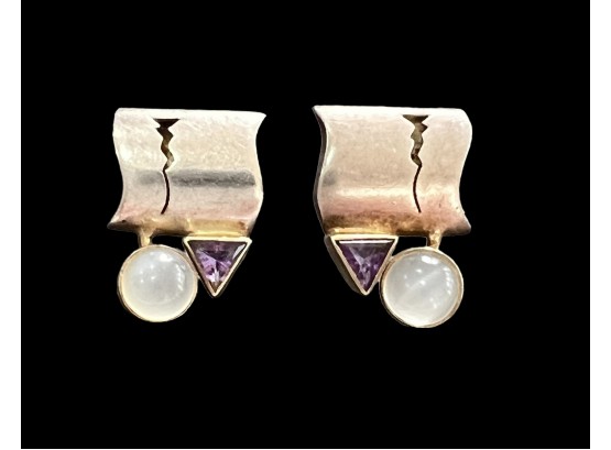 Modernist Cabochon Moonstone And Purple Amethyst Sterling Silver Earrings