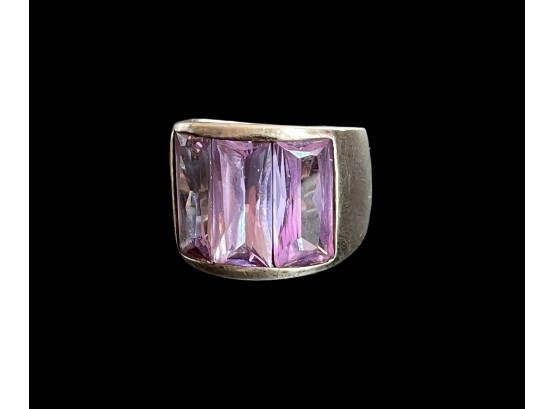 Sterling Silver Wide Band Purple Glass Stone Size 7 Ring