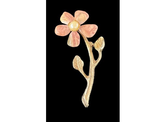 Gold Tone Costume Jewelry Pink Rhodochrosite Stone Floral Brooch Pin