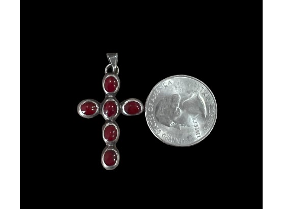 Vintage Sterling Silver Red Stone Cross Pendant