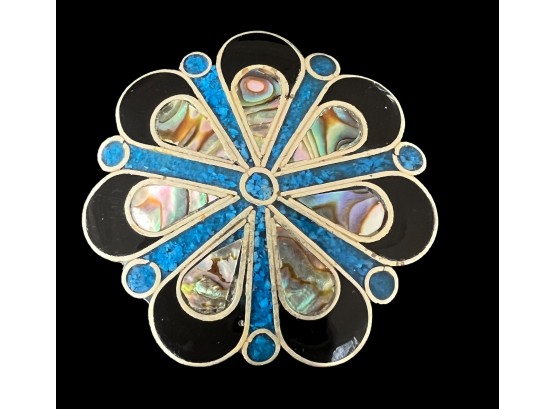 Vintage Mexico Sterling Turquoise Abalone And Onyx Inlay Snowflake Brooch Pin