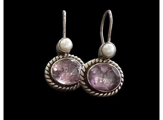 Pair Of Vintage Amethyst And Pearl With Braided Halo Earrings