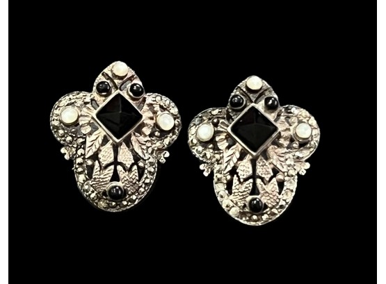 Vintage Sterling Silver Black Onyx And Mother Of Pearl Earrings With Leaf Motif Throughout