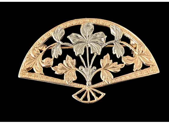 Embossed And Stamped Gold Finish Brass Floral Fan Brooch Pendant