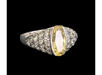 Yellow Marquis Stone And Multiple CZ Stones Ring Size 10 Marked DQCZ