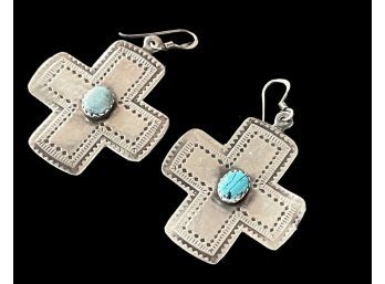 Sterling Silver Southwestern Stamped Turquoise Stone Earrings Fish Hooks