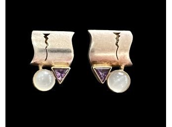 Modernist Cabochon Moonstone And Purple Amethyst Sterling Silver Earrings
