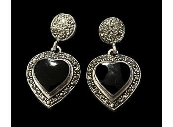 Vintage Post Onyx And Marcasite Drop Dangle Heart Earrings
