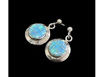 Vintage Sterling Silver Inlay Opal Post Dangle Drop Earrings Marked AD