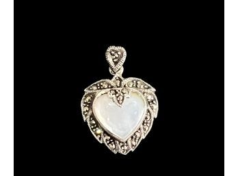 Vintage Sterling Silver Marcasite Mop Mother Of Pearl Heart Pendant