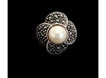 Sterling Silver Pearl Marcasite Ring Size 6