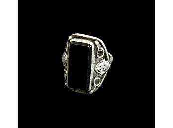 Vintage Sterling Silver Elongated Rectangle Black Onyx Filigree Ring Size 4
