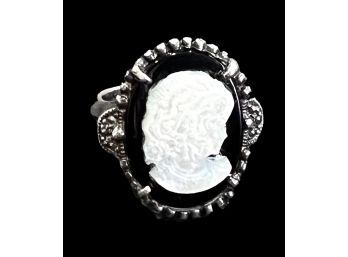 Mother Of Pearl Black Onyx Marcasite Cameo Sterling Ring Size 6