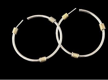 Sterling Silver Hoop Earrings With Gold Tone Wire Wraps