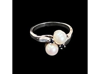 Vintage Sterling Silver Pearl And Blue Topaz Ring Size 6.5