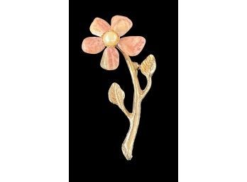 Gold Tone Costume Jewelry Pink Rhodochrosite Stone Floral Brooch Pin