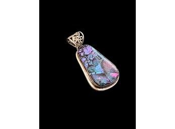 Dichroic Purple Black Blue Glass Set In Sterling Silver With Filigree Bale Pendant