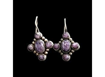 Vintage Purple Charoite Drop Dangle Earrings Sterling Silver Fish Hook Earrings Marked On