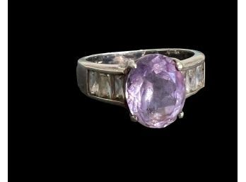 Sterling Silver Purple Oval CZ Center Stone With Clear CZ Baguette Size 6 Ring