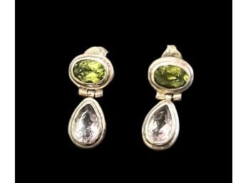 Sterling Silver Faceted Peridot And ???White Stone Earrings With Markings On Back