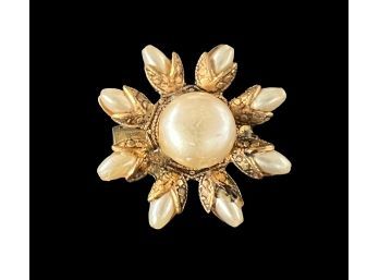 Vintage Gold Tone Pearl Intricate Brooch Pin Unsigned