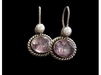 Pair Of Vintage Amethyst And Pearl With Braided Halo Earrings