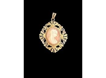 Beautiful Religious Shell Cameo Set In Gold Wash Sterling Silver Filigree Setting Pendant 2' X 1.25'