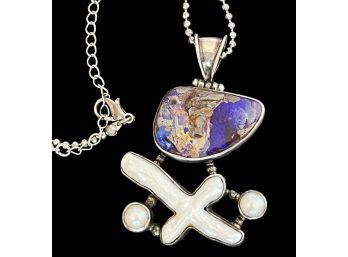 Designer Sterling Silver Pearl Cross And Purple Azurite Stone Pendant Unsigned