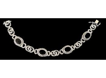 Sterling Silver Black Onyx Marcasite Art Deco Bracelet Marked 7.75'