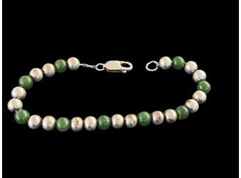 Sterling Silver Bead And Green Jade Bracelet 7.5'