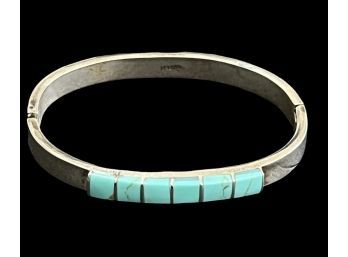 Vintage Taxco Mexico 925 Sterling Silver & Turquoise Hinged Bangle Bracelet 7'