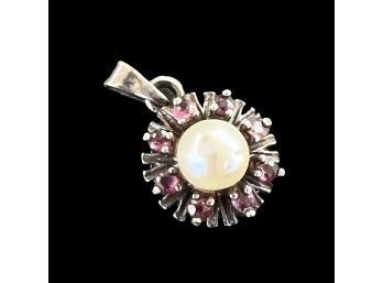 Sterling  Silver Pearl Red Stone Pendant