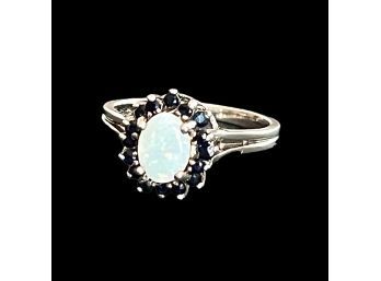 Vintage Sterling Silver Opal And Sapphire Halo Ring Size 9 Marked Illegibly