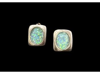 Vintage Sterling Silver Post Oval Opal In Rectangle Setting Earrings