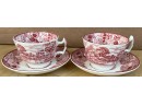 Vintage Pair Red And White Enoch Brothers Tea Cups And Saucers