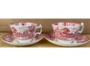 Vintage Pair Red And White Enoch Brothers Tea Cups And Saucers