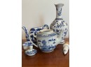Vintage Blue And White Chinese Export Tea Pitchers And Coalport Porcelain Decanter
