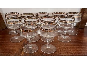 Vintage Set Of 11 Wine Glasses Double Gold And Silver Rim