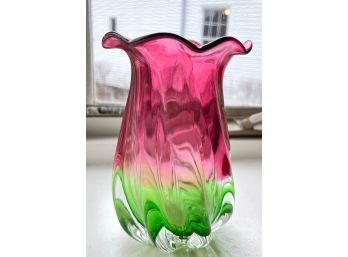 Vintage Watermelon Pink And Green Glass Vase With Scalloped Edges