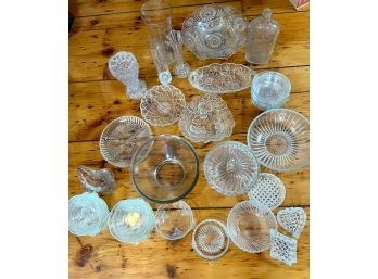 Lot Of Clear Glass Vases, Bowls, Serving Pieces