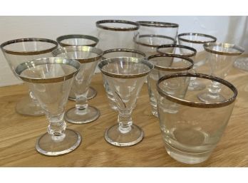 Vintage Set Of 14 Silver Rim Mixed Cocktail Glasses