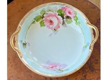 8' Vintage Nippon Hand Painted Pink Floral Bowl With Gold Handles