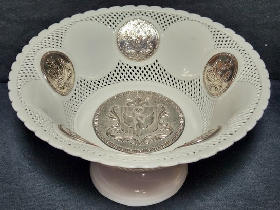Carlo Buffetti Porcelain Pedestal Compote With Silver Medalions And Original Box