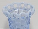 Fenton Footed Blue Opalescent Basket Weave Vase