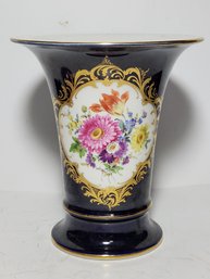 Dresden Royal Blue Porcelain Vase With Floral Decoration