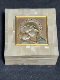 Italian Made Mother Of Pearl Overlaid Box With Sterling Silver Insert Of The Maddona And Child
