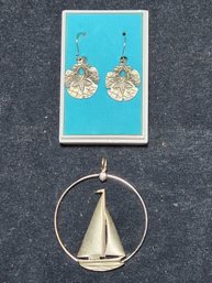 Pair Of  Pierced Pewter Sand Dollar Earrings And A Pewter Sailboat Pendent