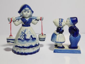 Hand Painted Delft Girl With Buckets And  Couple Kissing Figurines