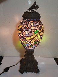 Unusual 20' Bronze Finished White Metal And Stained Glass Dragonfly Lamp